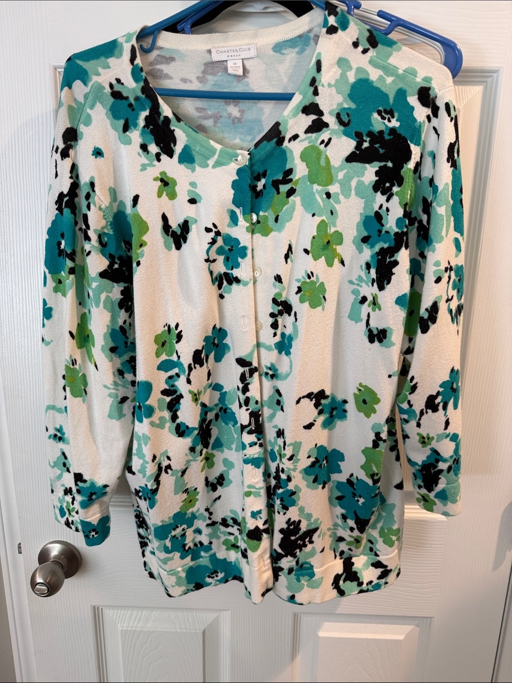 Charter Club White Floral Button-Front Cardigan with Teal & Green Accents
